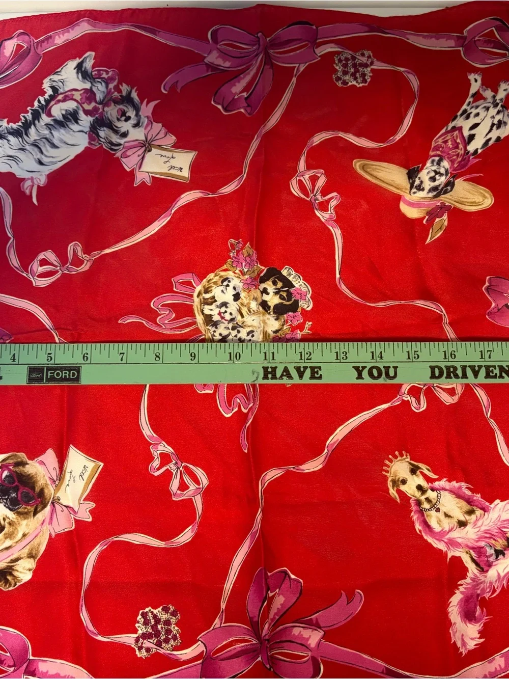 Silk Red Printed Scarf with Ribbon‎ and Floral Motif, Elaine Gold